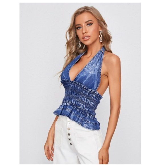 SHEIN Tops - Shein | Plunging Neck Tie Backless Shirred Denim Top
